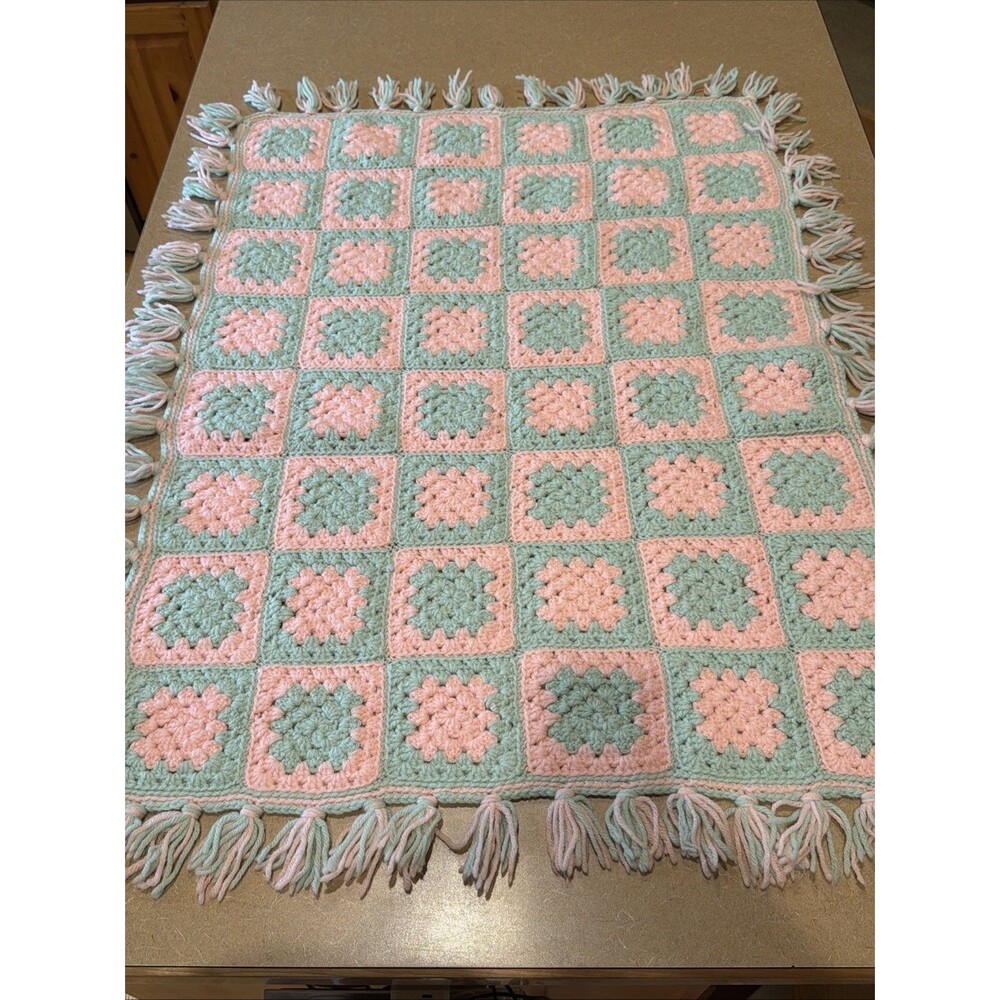 Handmade Granny Square Crochet Baby Crib Blanket Afghan 38x28” Pink Green Fringe